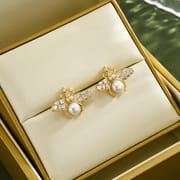 New Micro-inlaid Zircon Natural Freshwater Pearl Bee Earrings Simple Women's s925 Sterling Silver Ear Pin Earrings
