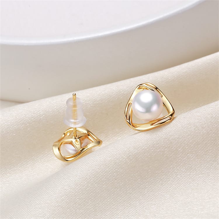 Natural Freshwater Pearl Earrings Triangle Hollow Pearl Earrings Niche Design Fashion Simple Earrings S925 Silver Needle
