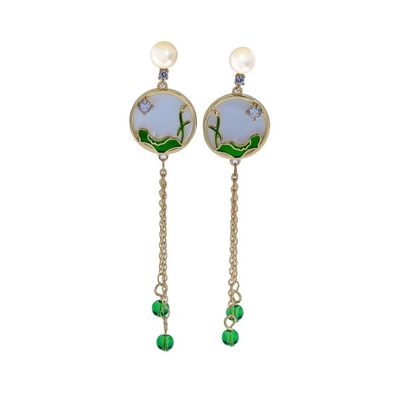 Natural Freshwater Pearl Earrings New Chinese Style National Style Lotus Pond Moonlight Lotus Tassel Long Earrings High-grade Earrings