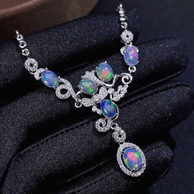 Australian magic opal chain row 925 silver inlay dazzle natural fire opal clavicle chain wholesale fire beauty