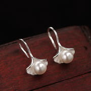 Leaf stud earrings s925 sterling silver earrings women's anti-allergy simple temperament pearl jewelry