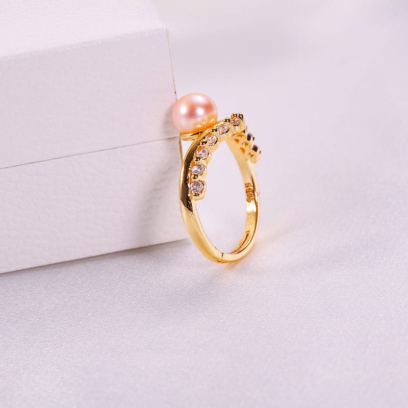 Pearl Micro Zircon Pearl Ring Women's Opening Adjustable Sweet French Crown Ring Jewelry