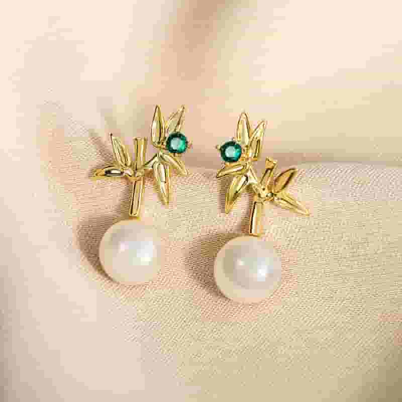 Natural Freshwater Pearl Earrings Elegant Light Luxury Bamboo Report Ping Leaf Earrings Niche Design New Earrings