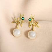 Natural Freshwater Pearl Earrings Elegant Light Luxury Bamboo Report Ping Leaf Earrings Niche Design New Earrings