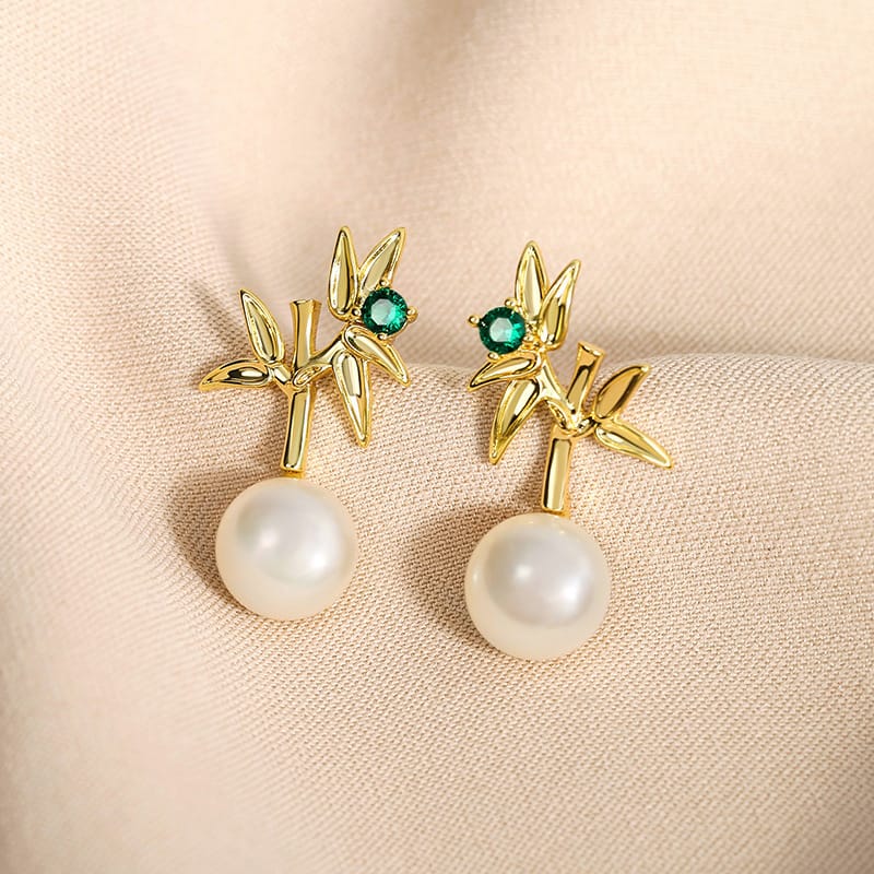 Natural Freshwater Pearl Earrings Elegant Light Luxury Bamboo Report Ping Leaf Earrings Niche Design New Earrings