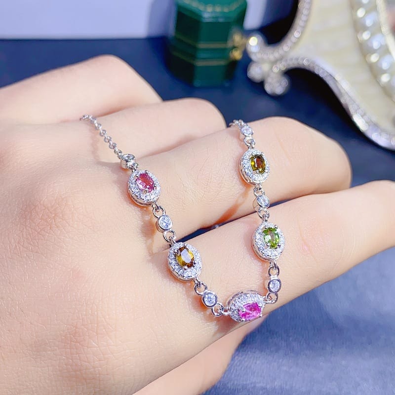 Simple fashion new colorful natural tourmaline 3*4mm ladies Bracelet 925 silver color treasure wholesale