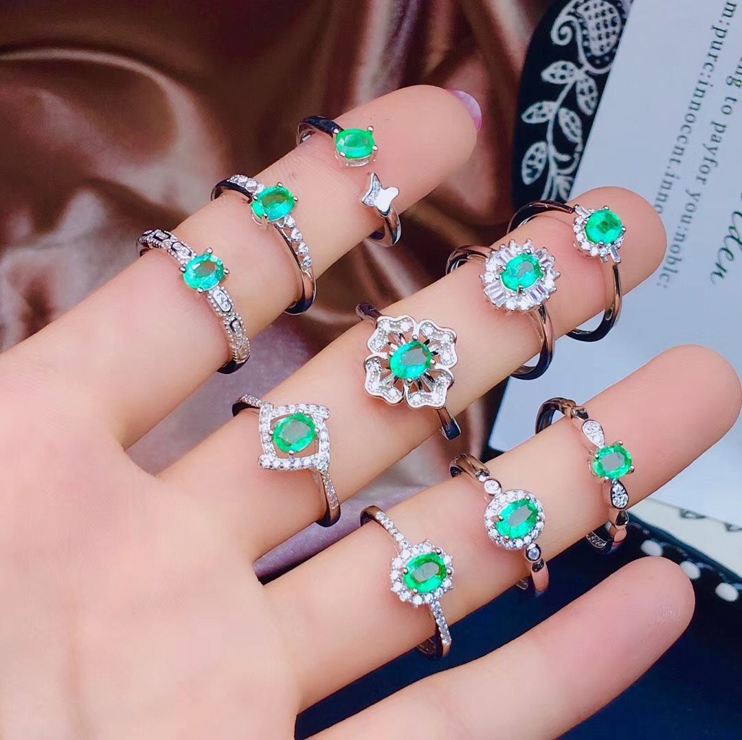 Crystal good natural Colombian emerald ring 925 silver style large quantity wholesale