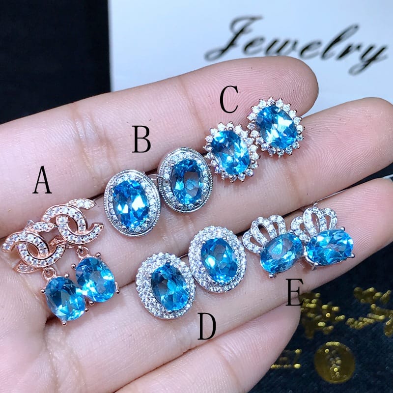 Luxury Stud Earrings Natural Swiss Blue Topaz 925 Sterling Silver Single Grain 2 Karat Wholesale