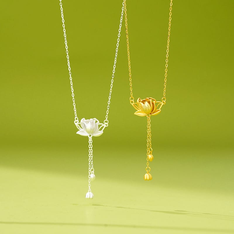 Po S999 Foot Silver New Lotus Tassel Necklace Women's Retro Chinese Style Lotus Pendant Hair Elegant