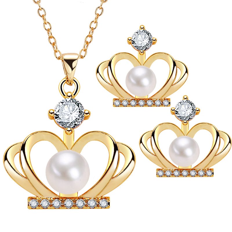 Pearl Necklace Set Women's Crown Mother Chain Freshwater Pearl Earrings Necklace Set