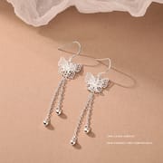 Po S999 Foot Silver Exquisite Butterfly Flower Tassel Earrings Women's Elegant Elegant Elegant Long Ear Hook Earrings for Hair