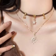 Sweet Cool Spice Girl ~ Double Layer Stacked Sunflower Brown Leather Necklace Women Choker Niche Design Collarbone Necklace