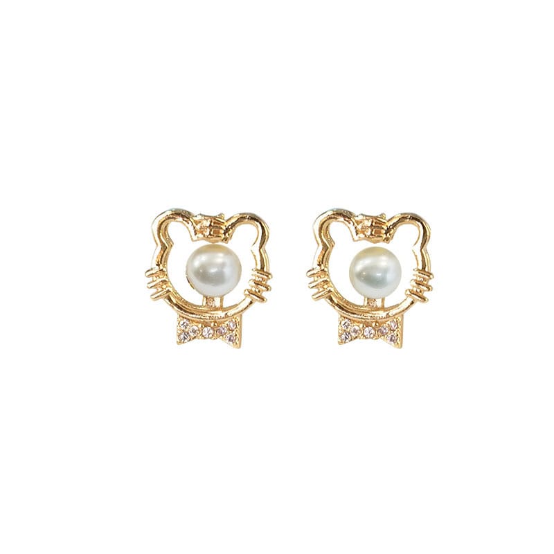 Natural Freshwater Pearl Earrings New Style Small Tiger Head Inlaid Zircon Simple Distinctive Earrings Women's s925 Silver Needle