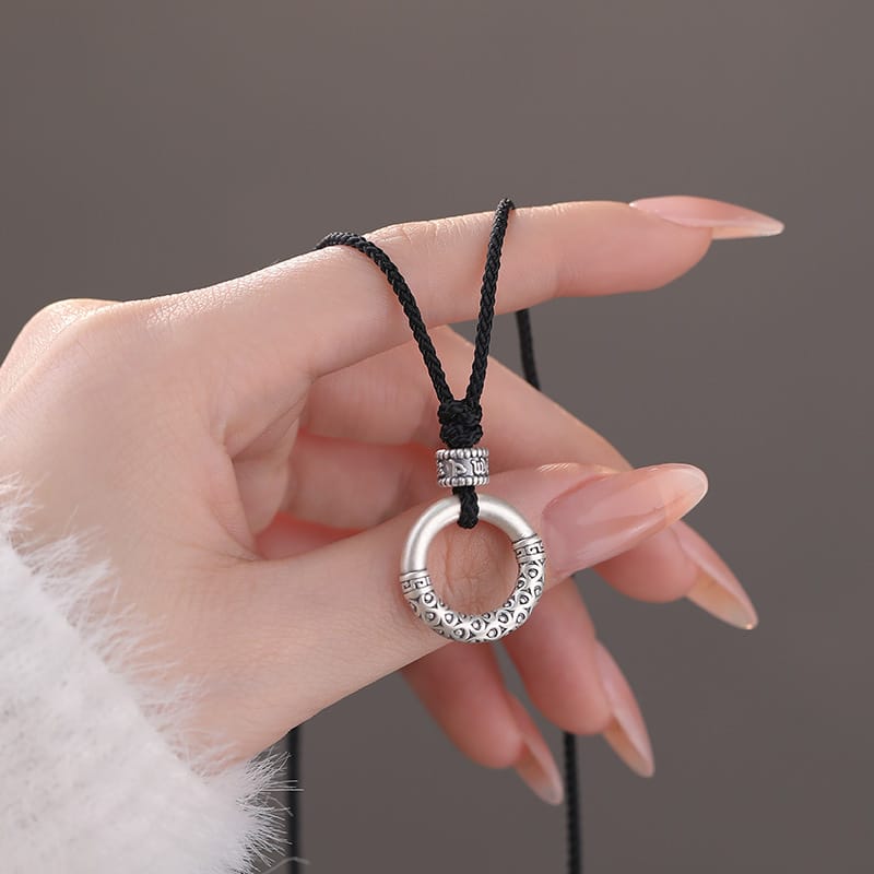 Po S999 Silver Round Black Rope Necklace Chinese Style National Style Trendy Retro Old Art Clavicle Chain