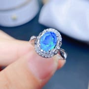 Simple fashion 925 silver inlaid natural full fire blue opal ring live TikTok overseas supply