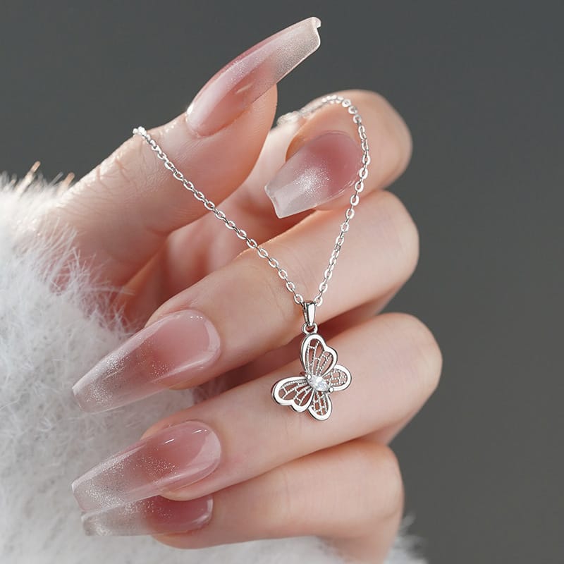 Po S999 Foot Silver Hollow Butterfly Necklace Niche Design Sweet and Elegant Mori High-grade Clavicle Chain for Hair