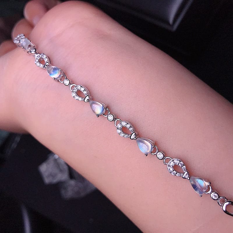 925 silver inlaid natural blue Moonstone bracelet wholesale crystal clean with plus long chain adjustable
