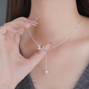 Po S999 Silver Autumn and Winter Explosions Butterfly Pearl Necklace Temperament Sweet Fresh Niche Sweater Chain for Hair
