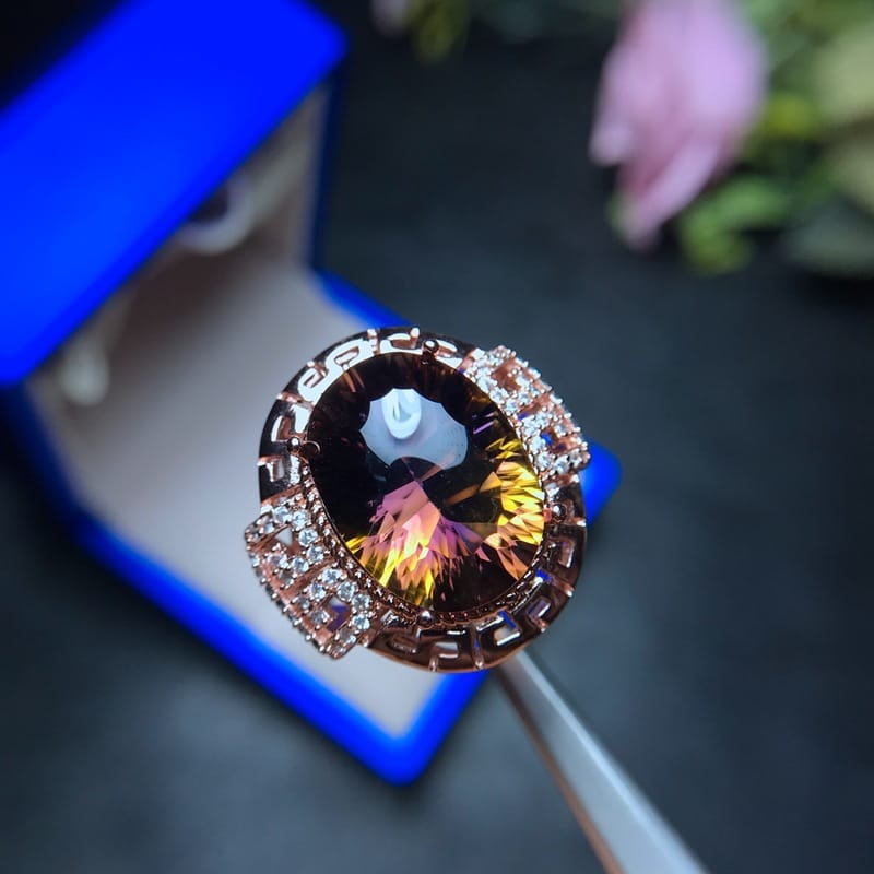 Foreign trade order processing 925 silver plating rose gold purple yellow crystal ring living mouth adjustable