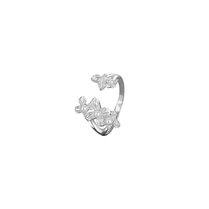 Po S999 Silver Pink Purple Pearl Flower Ring Cute Artistic Style Exquisite All-match Elegant Ring for Hair
