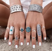 European and American Bohemian Index Finger Ring Wide Version Vintage Engraved Geometric Totem Ring Nine-piece Set