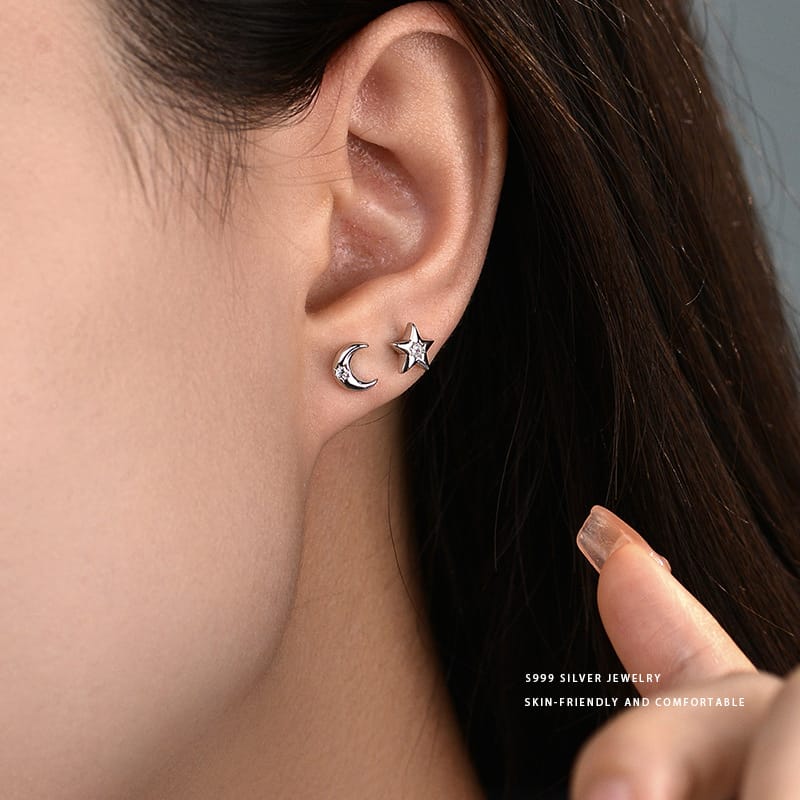 Bao S999 pure silver star moon earrings small exquisite all-match earrings light luxury high-grade sense niche design sense earrings
