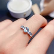 Japanese and Korean fashion beautiful ring 925 silver inlaid natural aquamarine ring 6 * 4mm live TikTok overseas supply batch