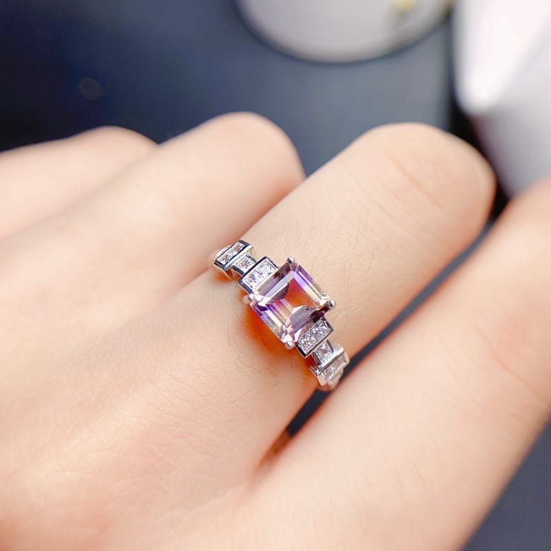 Natural Amethyst Ring Half Purple and Half Yellow Color Fresh 925 Silver Design Gem Inspection