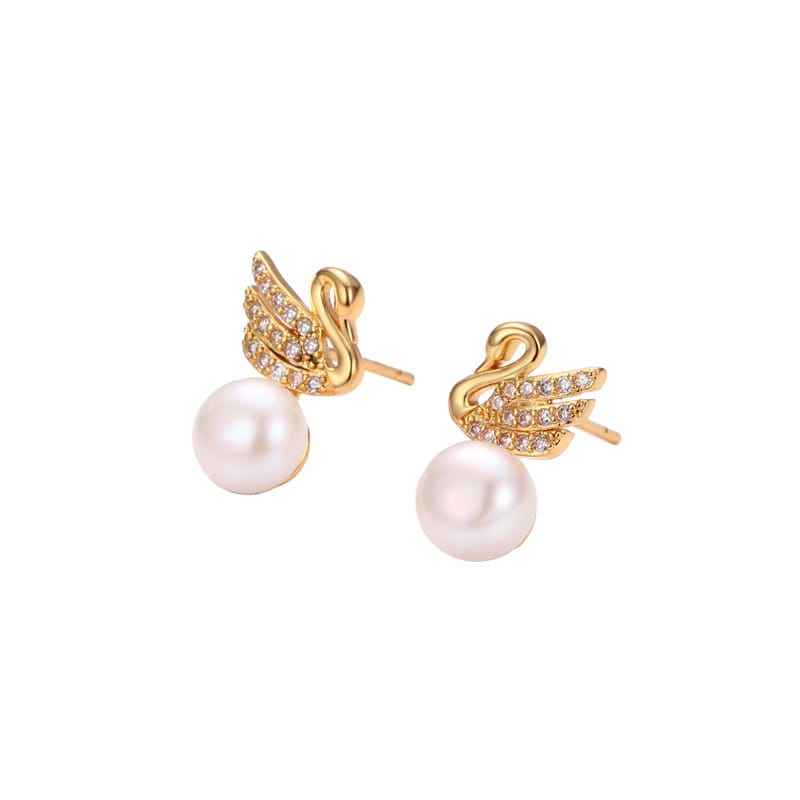 Freshwater pearl earrings gentle small fresh fashion cute little Swan inlaid zircon niche earrings women's simple personality