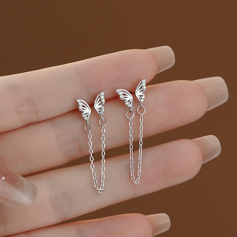 S999 Pure Silver Butterfly Binaural Earrings Light Luxury Niche Design Advanced Sense Sweet Tassel Earrings 