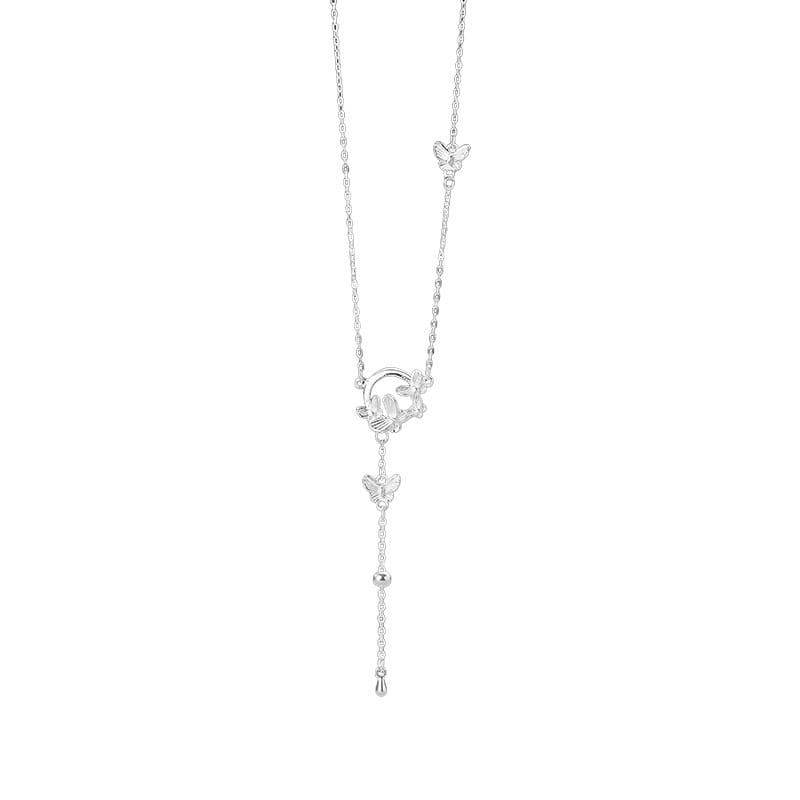 Po S999 Silver Butterfly Ring Tassel Necklace Simple Niche Design Sweet Elegant Sweater Chain for Hair