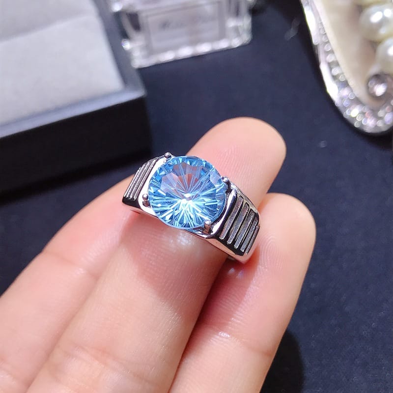 Fireworks Blue Topaz men's ring 925 silver inlaid fireworks men's blue topaz 10*10 open mouth men's ring one-piece delivery
