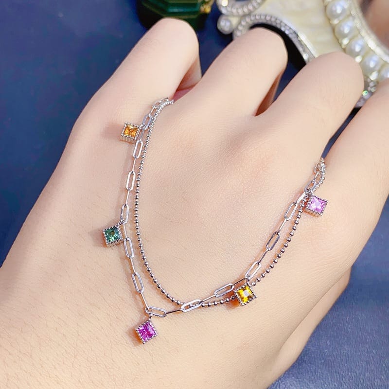 Simple fashion new colorful natural tourmaline Square 3*3mm ladies Bracelet 925 silver color treasure wholesale