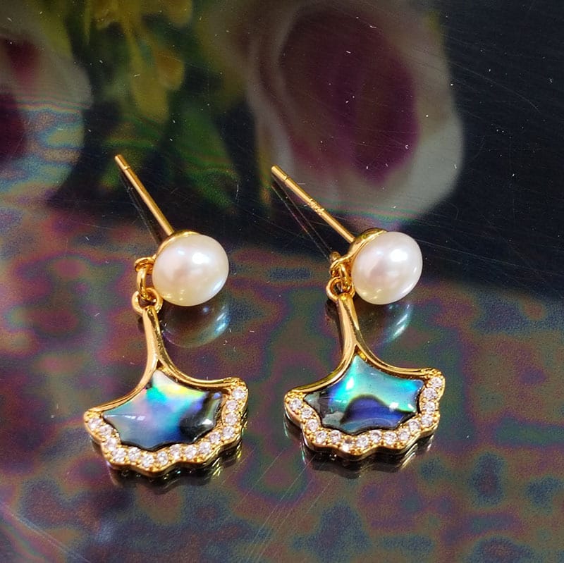 Natural Freshwater Pearl Earrings Ginkgo Leaf Colorful Mother-in-shell Earrings Light Luxury Fashion High-end Earrings New Earrings
