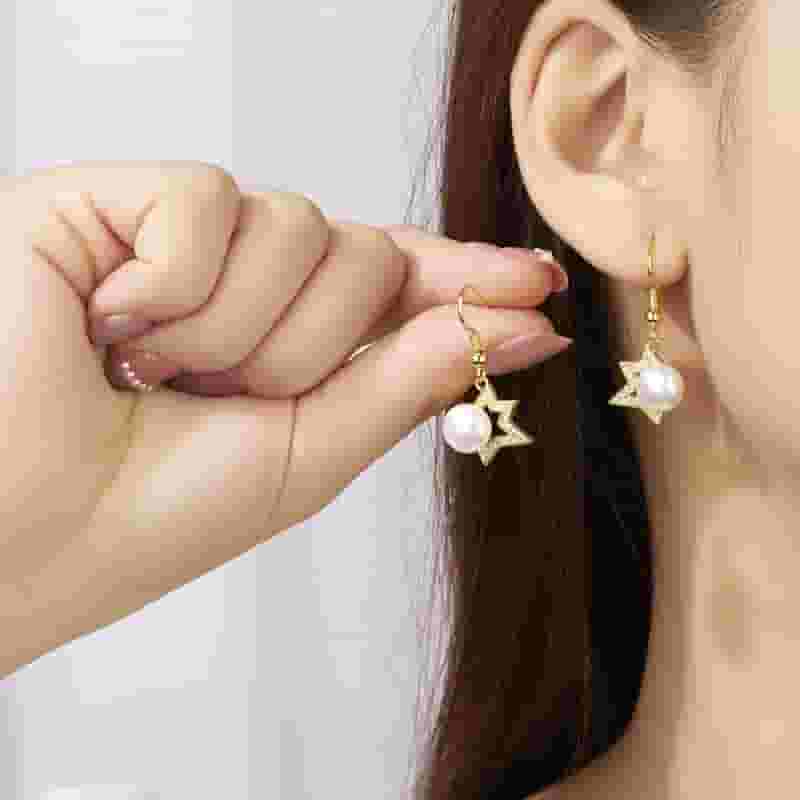 Natural Freshwater Pearl Earrings Fashion Light Luxury Half Four-side Star Set Zircon Ear Hook Personalized Simple Elegant Eardrop