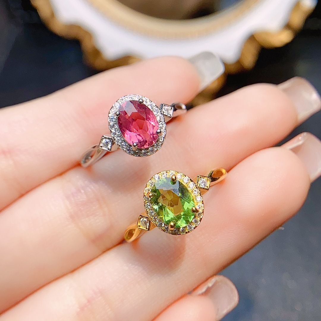 Factory wholesale explosions natural tourmaline ring S925 silver inlaid main stone 6*8 selling Europe and the United States a generation of hair