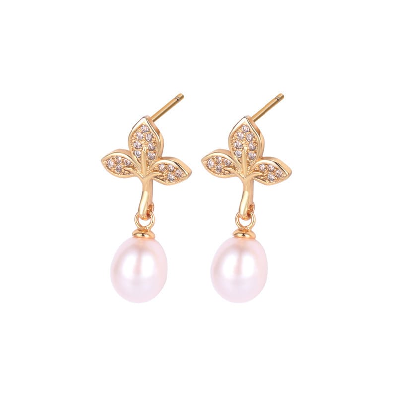 Natural Pearl Earrings Full Diamond Zircon Leaves Water Drops Pearl Earrings Niche Elegant Internet Celebrity Ear Hook