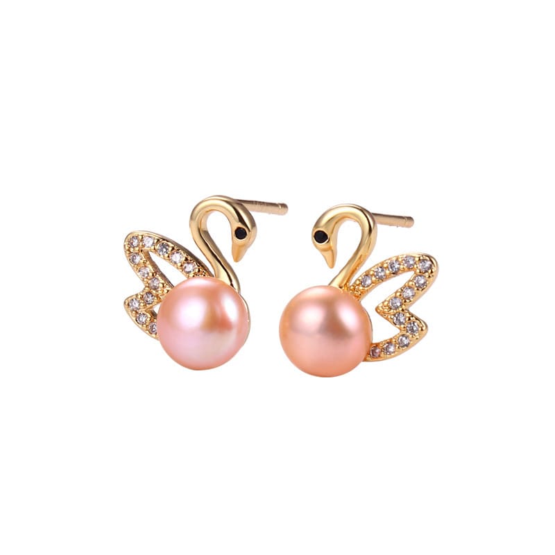 Natural Freshwater Pearl Earrings Swan Micro Set Zircon Classic Ear Studs Elegant Light Luxury Niche Earrings New Women