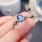 Europe and the United States fresh 925 silver natural Swiss Blue Topaz female ring 5*7mm live exquisite live