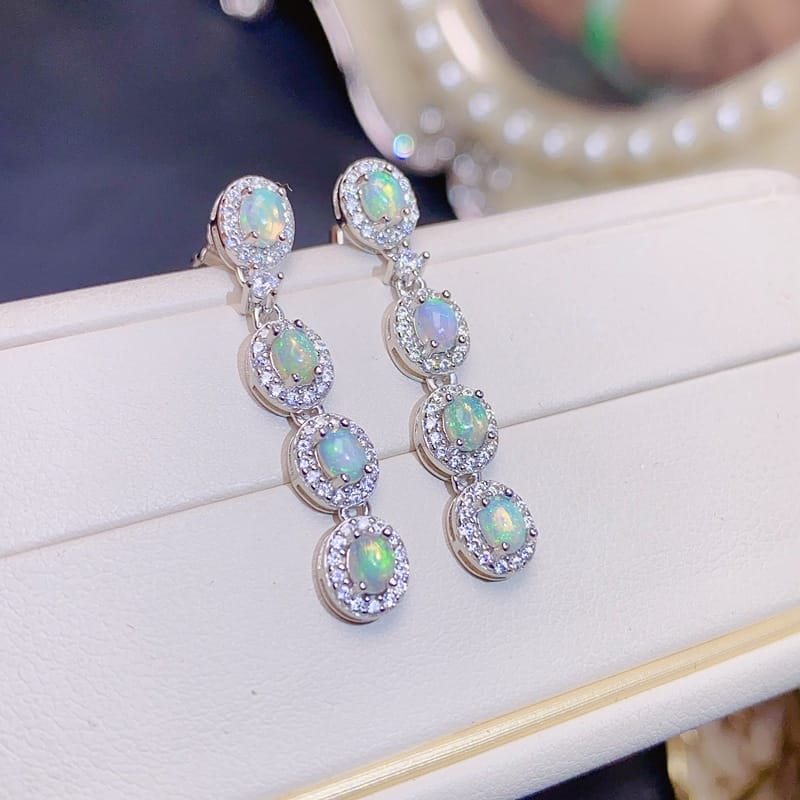 Luxury natural opal earrings 925 silver 4*3mm luxury multi-grain opal earrings fire color can be checked