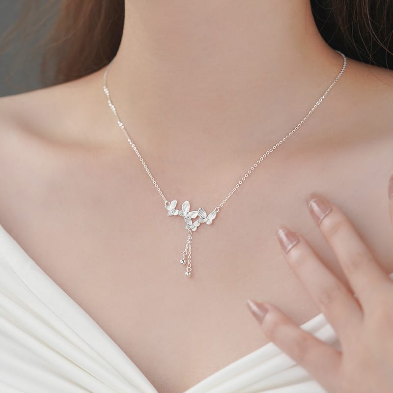 Po S999 Silver Exquisite Butterfly Necklace Women's Trendy Light Luxury Niche Design Sense Advanced Sense Clavicle Chain for Hair