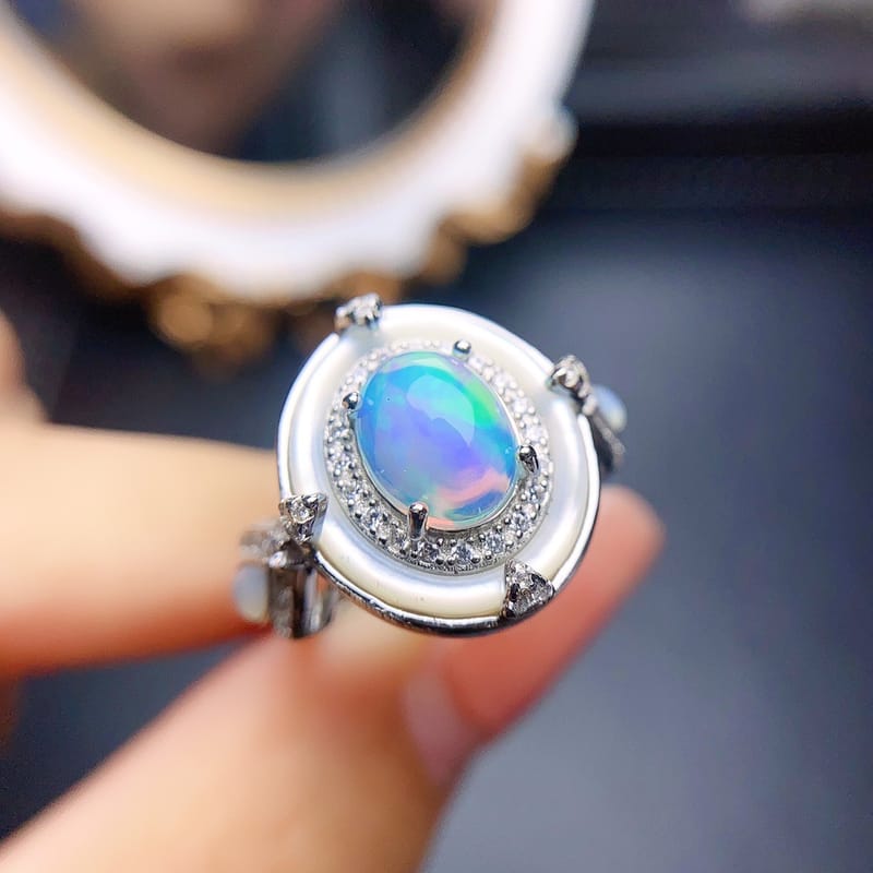 Natural white opal ring S925 silver inlaid main stone 7*9 