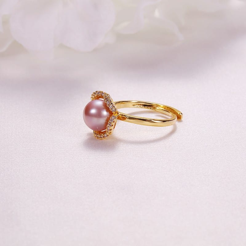 Pearl Jewelry Opening Adjustable Ring Real Gold Electroplated Micro-inlaid Zircon Freshwater Pearl Ring