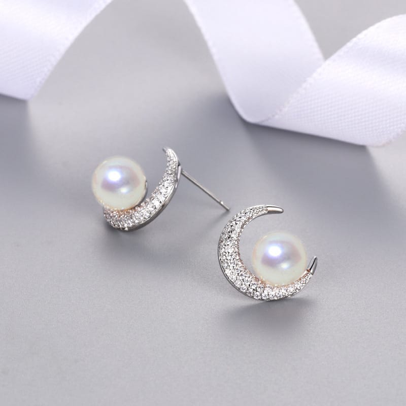 Sun Moon Star Freshwater Pearl Earrings Moon-shaped Zircon Earrings Japanese and Korean Simple Fashion Personality Earrings New