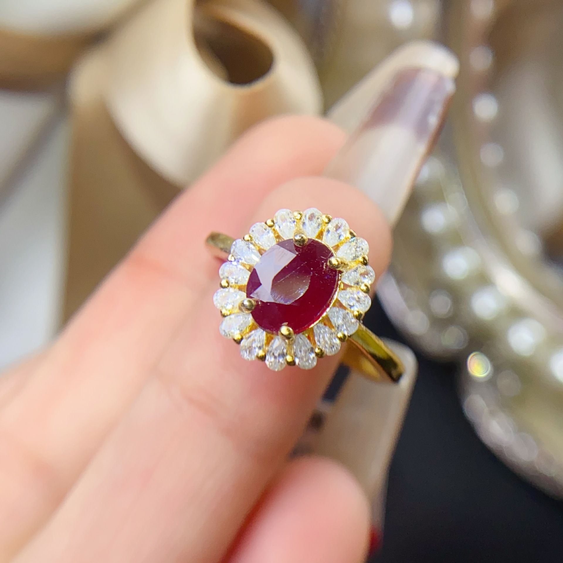 Fashion style natural laosaki Ruby women's ring S925 Silver open mouth 6 * 8mm beauty ring Live supply