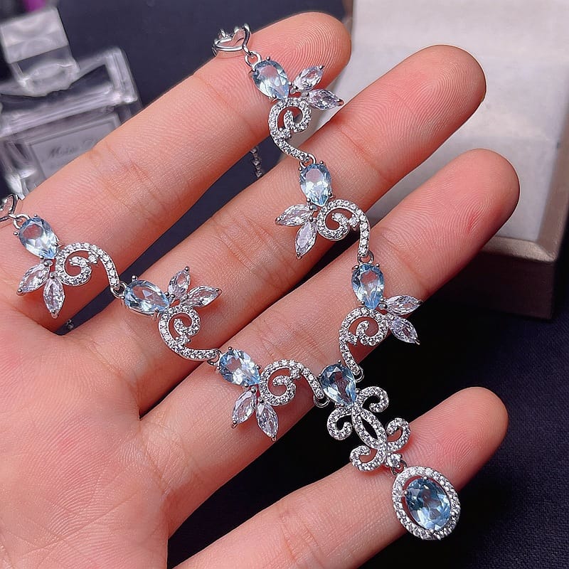 Natural Swiss Blue Topaz Chain Row 925 Silver Inlaid Swiss Blue Topaz Clavicle Necklace Women's Pendant