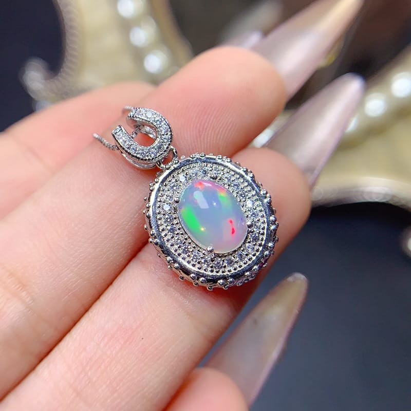 Natural 9*7mm Opal Pendant 925 Silver Gold Plated Fire Color Flash Fashion Personality Color Treasure 