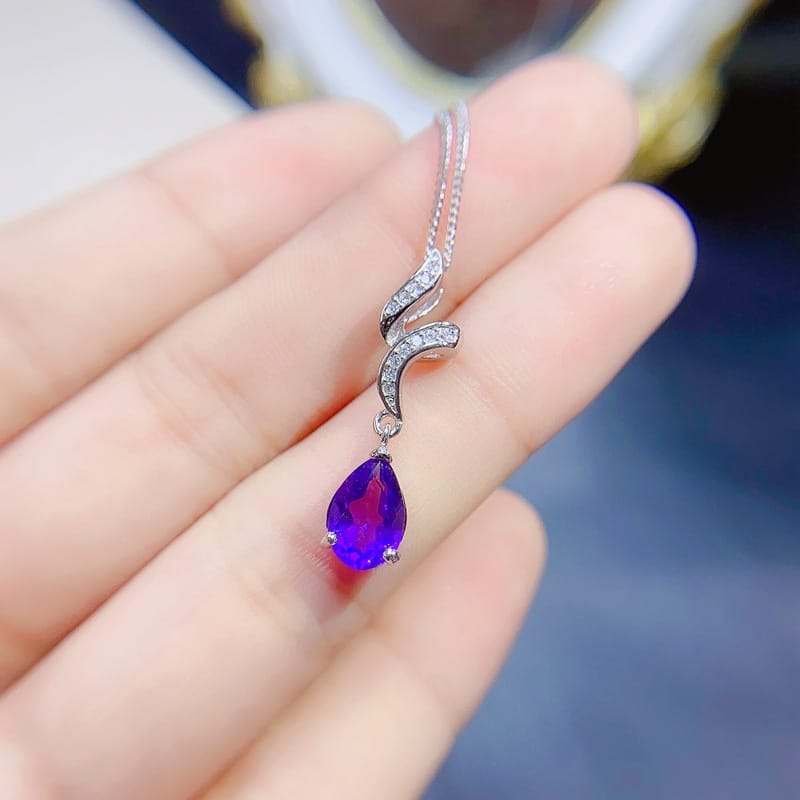 New natural amethyst pendant drop-shaped 7 * 9mm women's pendant necklace 925 silver 