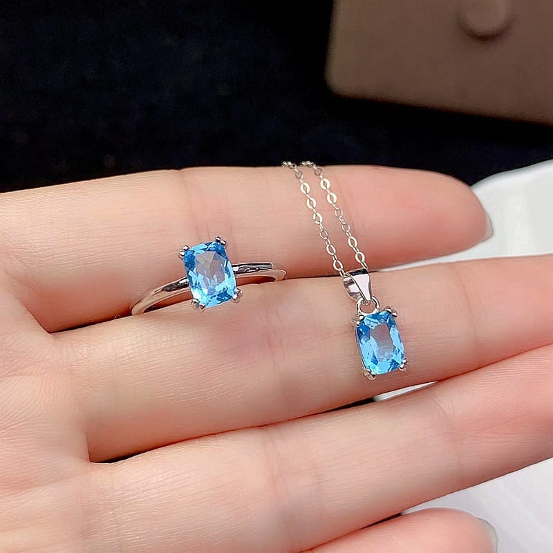 New Natural Blue Toppa Set 925 Silver Inlaid Sapphire Gem Clean Gift for Girlfriend