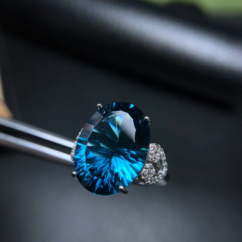 Large particle natural London Blue Topaz ring 925 silver inlaid Manufacturing 10 karat single grain